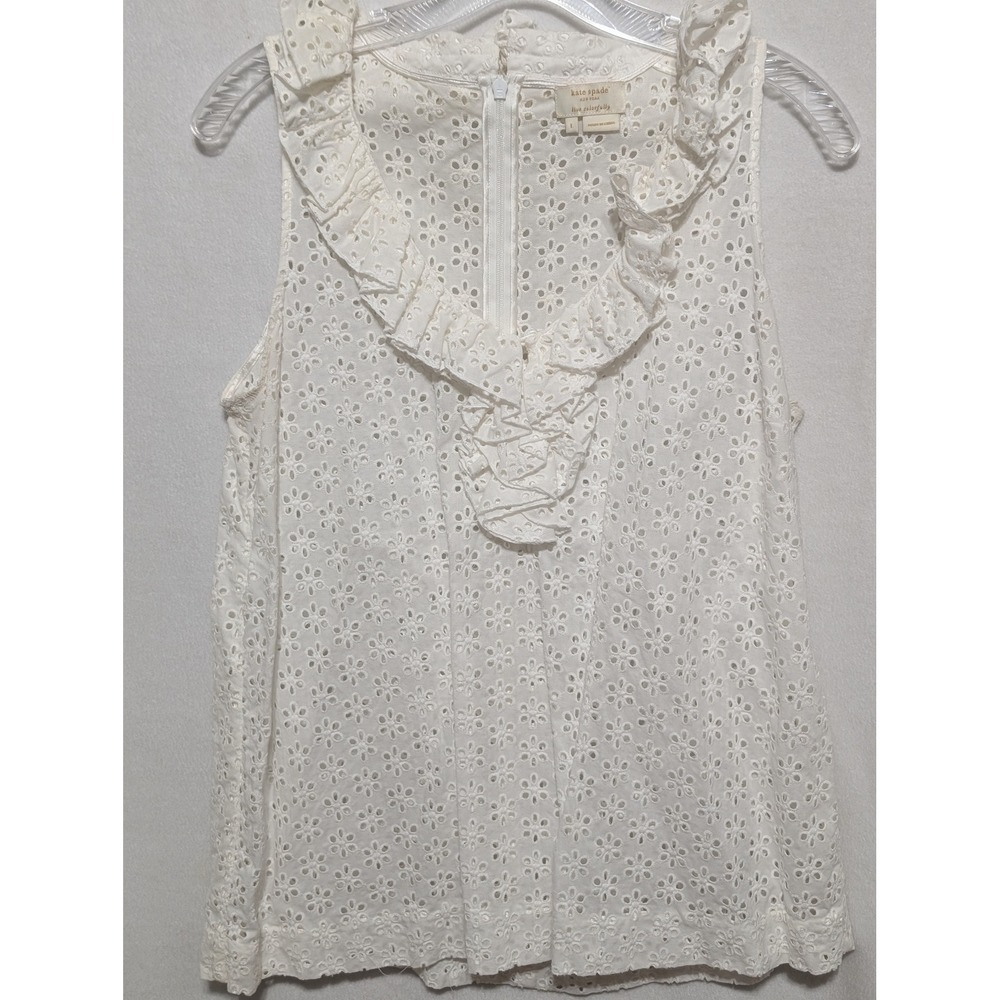 Kate Spade New York White Floral Eyelet Ruffle V-Neck Sleeveless Top Large